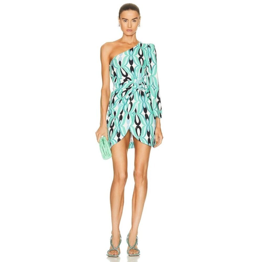 PatBO Twist One Shoulder Mini Dress in Piscene Blue 2 New Womens Cocktail